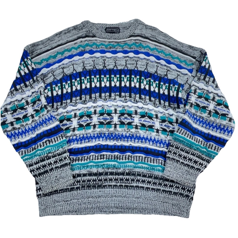 Vintage Peter England Sweater Men Medium Blue Multi 3D Textured Grandpa Cosby *